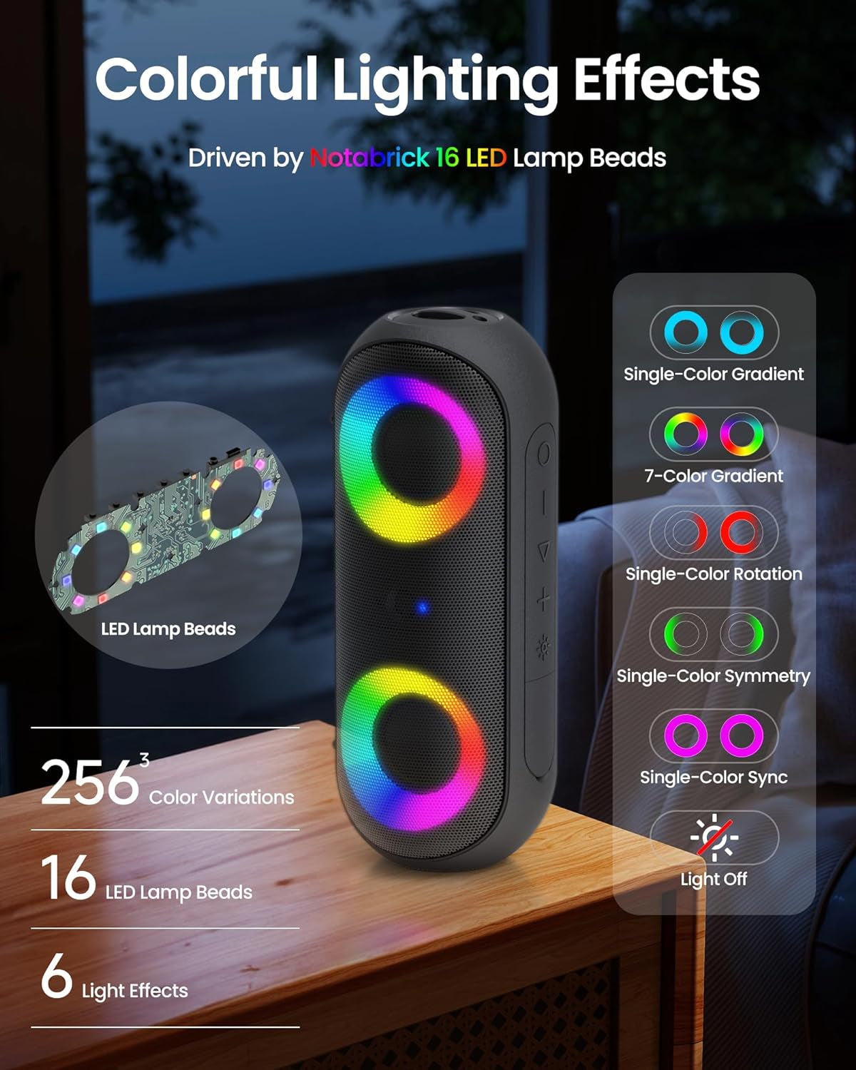 Bluetooth Speakers with Light, 30W Portable Bluetooth Wireless(100Ft Range) Loud Stereo Sound, IPX7 Waterproof Shower Speakers, RGB Multi-Colors Rhythm Lights, 1000Mins Playtime for Indoor&Outdoor