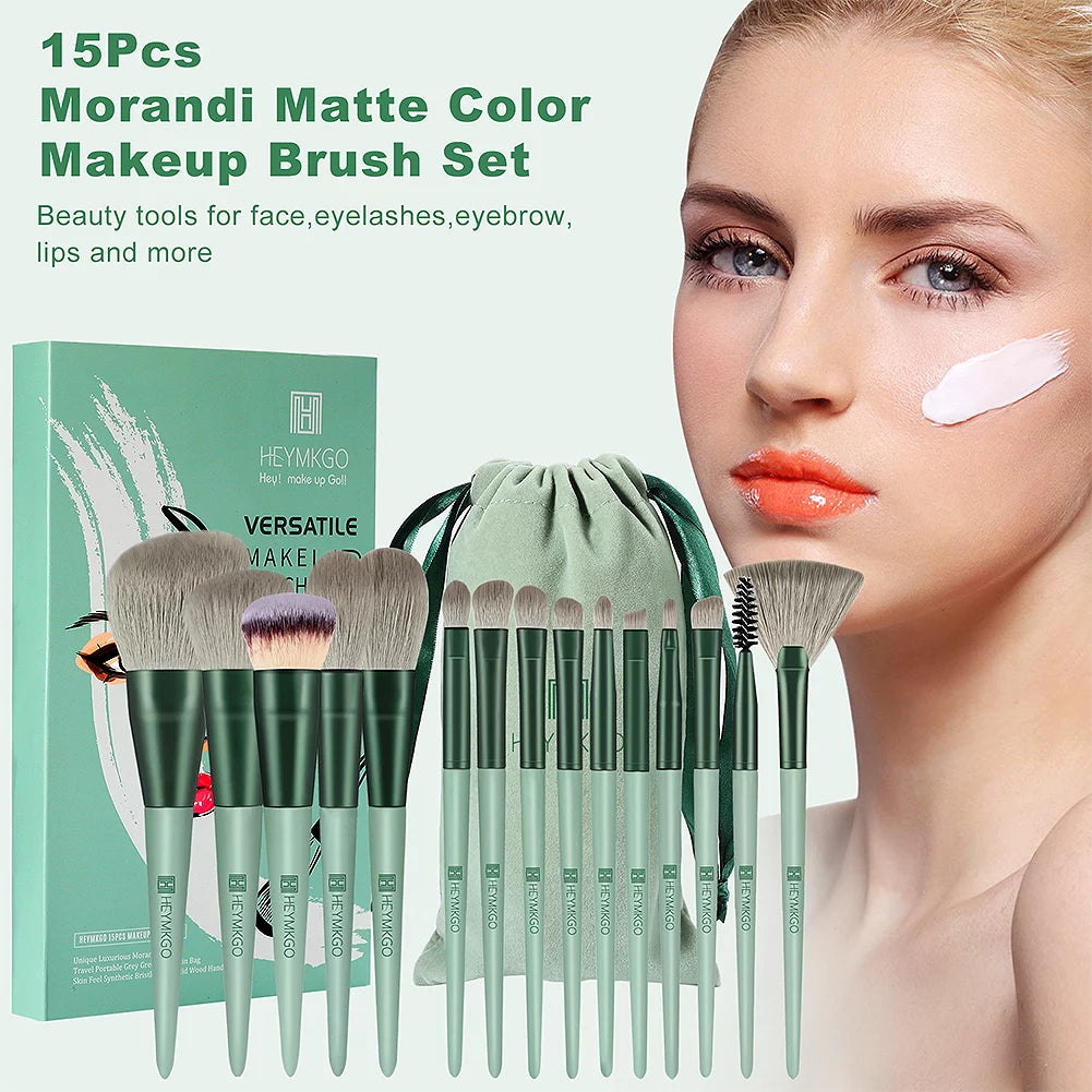 Makeup Brushes 15Pcs Makeup Brush Set Premium Synthetic Bristles Green Color Conical Handle Kabuki Foundation Brush Face Lip Eye Makeup Sets Professional with Portable Drawstring Flannel Bag