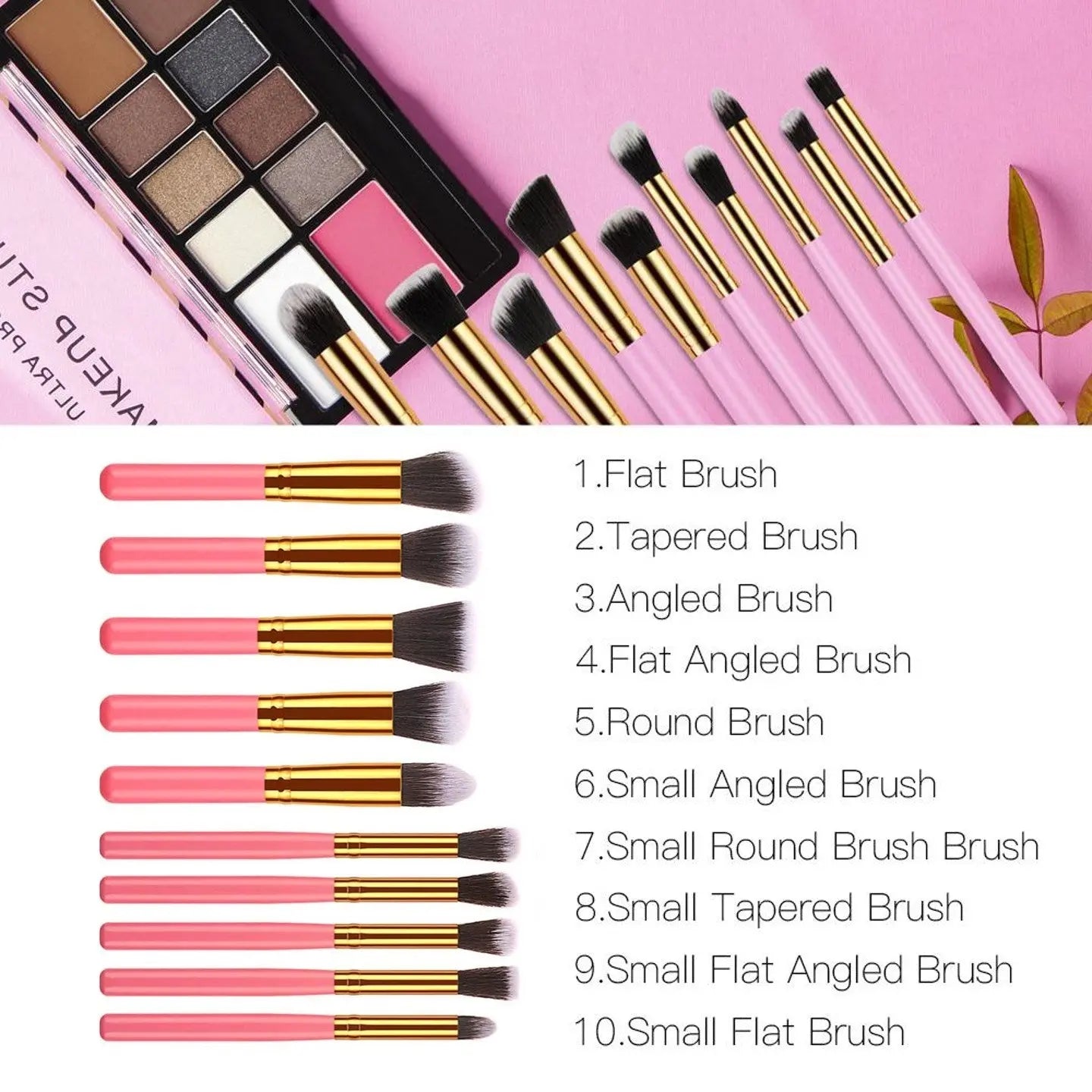 10 pcs makeup brush set Portable fashion high - end beauty tool set (Pink Golden) with bagVINE GLOBAL