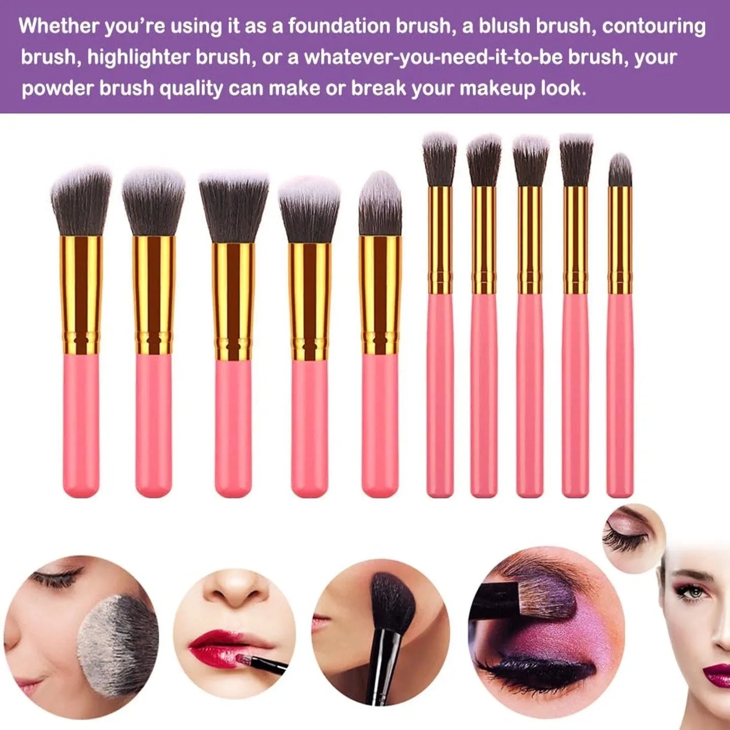 10 pcs makeup brush set Portable fashion high - end beauty tool set (Pink Golden) with bagVINE GLOBAL