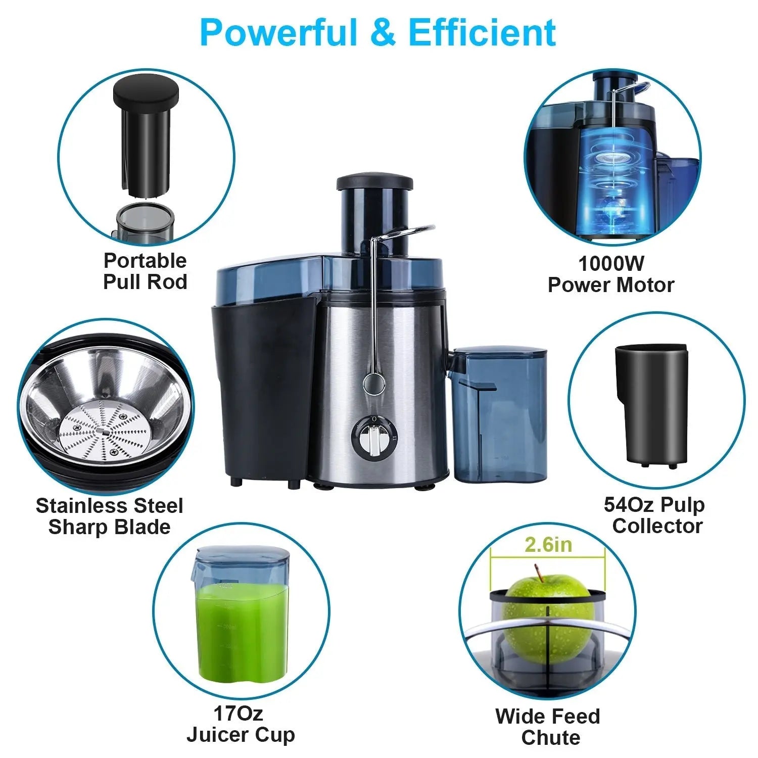 1000W Centrifugal Juicer Juice Extractor with 2 Speeds 3.6in Wide Feed Chute 17Oz Juicer Cup 54Oz Pulp Collector Electric Juicer for Fruits VegetablesVINE GLOBAL