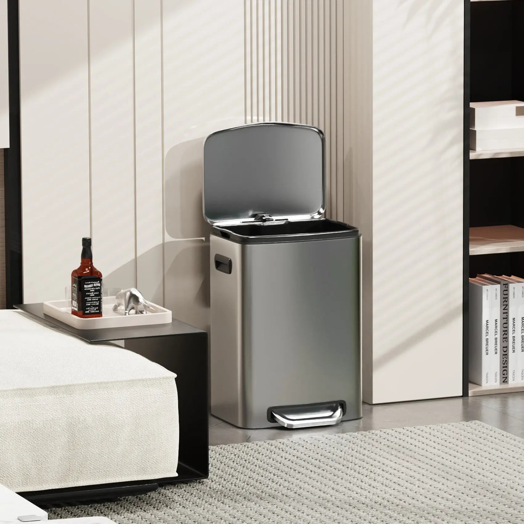 13 Gallon 50L Kitchen Foot Pedal Operated Soft Close Trash Can - Stainless Steel Rectangular Bustbin with 30 Garbage Bags - SilverVINE GLOBAL