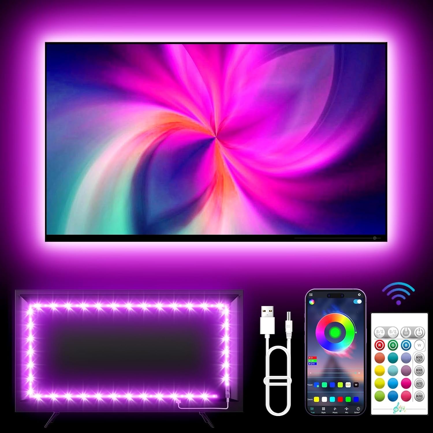 LED Lights for TV, 16.4Ft TV LED Lights for 45-75 Inch, RGB TV Lights Backlight Behind, Music Sync Bluetooth APP and Remote Control TV LED Strip Lights USB Powered for Bedroom/Gaming