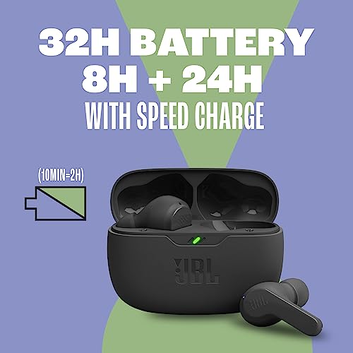 JBL Vibe Beam - True Wireless JBL Deep Bass Sound Earbuds, Bluetooth 5.2, Water & Dust Resistant, Hands-free call with VoiceAware, Up to 32 hours of battery life (Black) - VINE GLOBAL