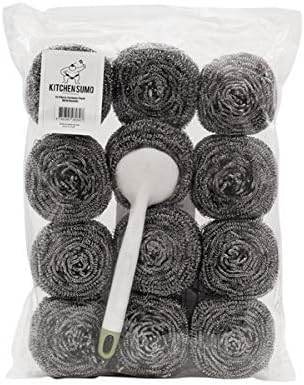 Stainless Steel Sponges Scourer Set with Handle 40 gram - Pack of 12 - Large Stainless Steel Scrubbers - Metal Scouring Pads - Kitchen Cleaning Tool - VINE GLOBAL