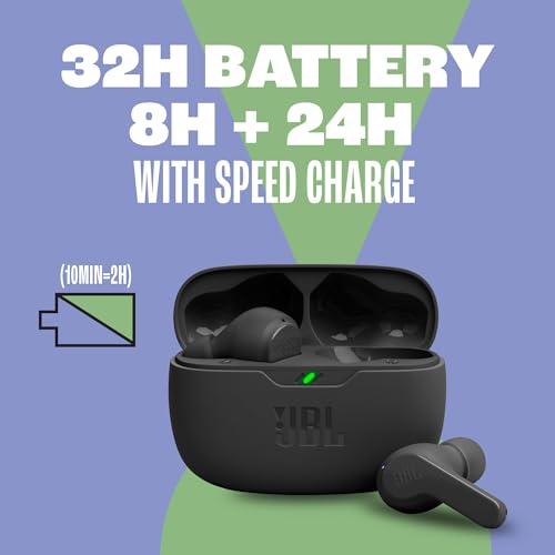 JBL Vibe Beam - True Wireless JBL Deep Bass Sound Earbuds, Bluetooth 5.2, Water & Dust Resistant, Hands-free call with VoiceAware, Up to 32 hours of battery life (Black) - VINE GLOBAL