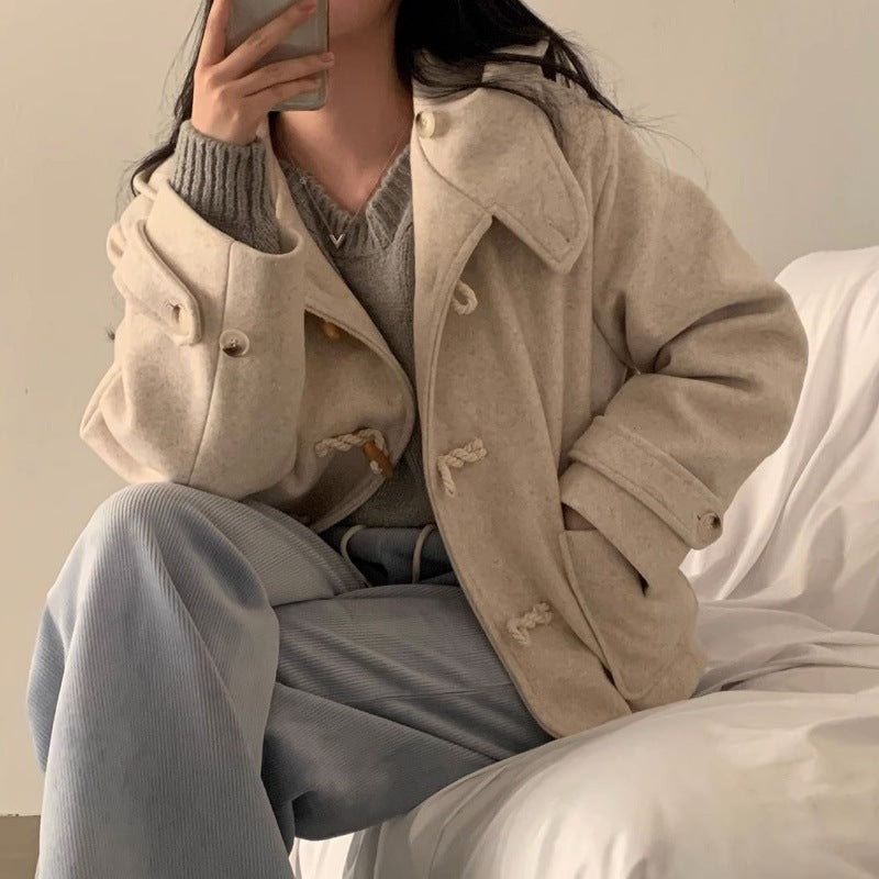 Horn Button Design Large Pocket Loose Versatile Hooded Woolen Short Coat - VINE GLOBAL