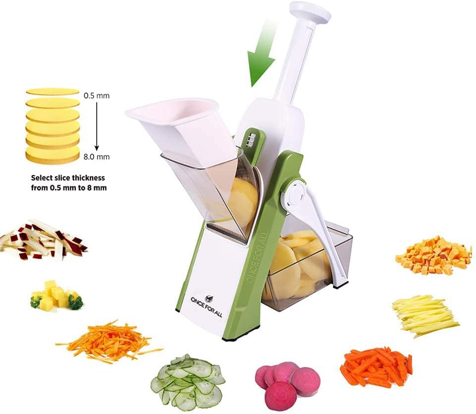 ONCE FOR ALL Safe Mandoline Slicer 5 in 1 Vegetable Chopper Food Potato Cutter, Strips Julienne Dicer Adjustable Thickness 0.1-8 mm Kitchen Chopping Artifact Fast Meal Prep (Gray) - VINE GLOBAL