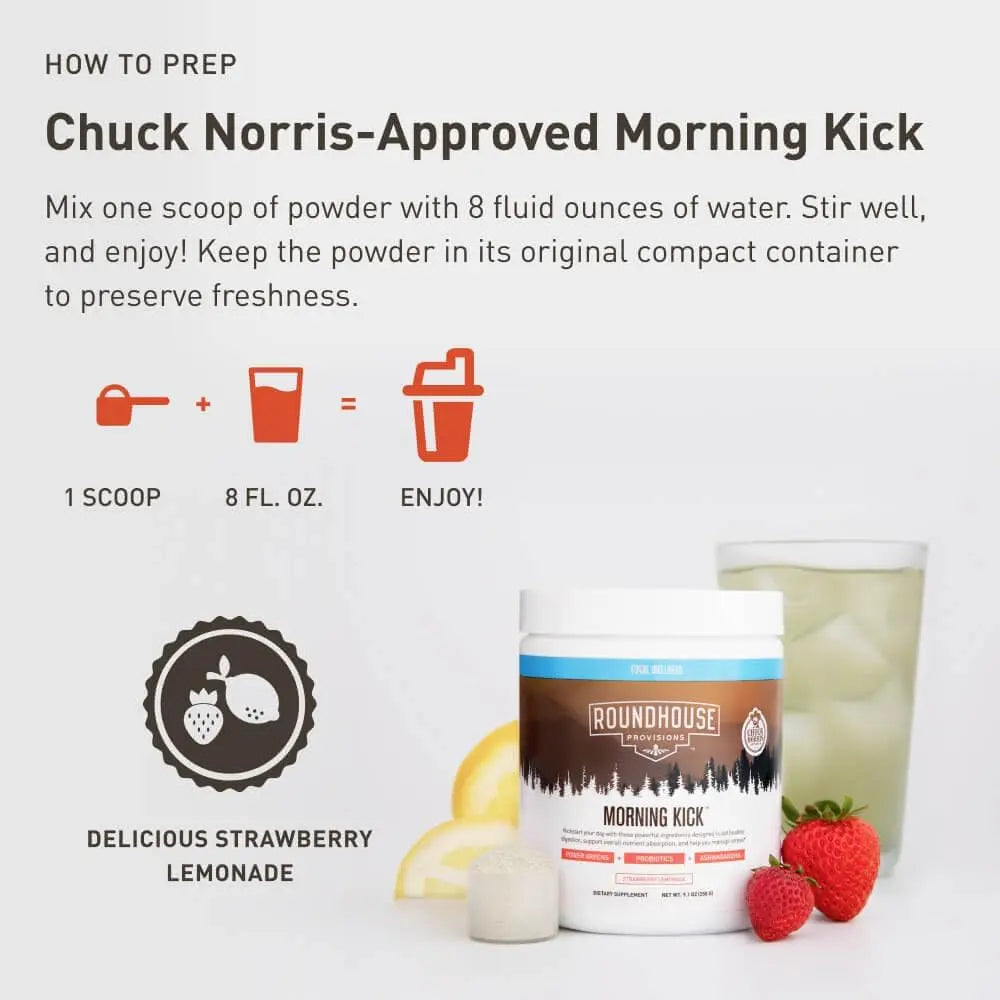 Morning Kick, Greens Superfood Powder Supplement with Ashwaganda, Collagen, Probiotics, Supports Energy Levels, 30 Servings (Strawberry Lemonade) by Chuck Norris VINE GLOBAL