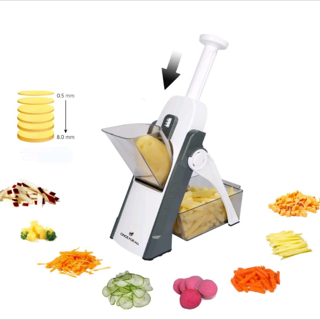 ONCE FOR ALL Safe Mandoline Slicer 5 in 1 Vegetable Chopper Food Potato Cutter, Strips Julienne Dicer Adjustable Thickness 0.1-8 mm Kitchen Chopping Artifact Fast Meal Prep (Gray) - VINE GLOBAL