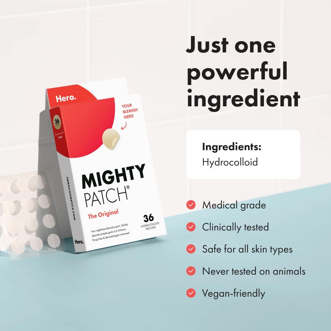 Mighty Patch Hero Cosmetics Original Patch - Hydrocolloid Acne Pimple Patch for Covering Zits and Blemishes, Spot Stickers for Face and Skin (36 Count) - VINE GLOBAL