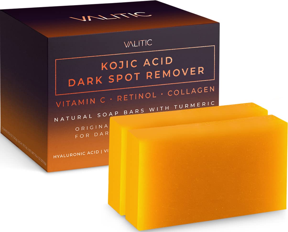 VALITIC Kojic Acid Dark Spot Remover Soap Bars with Vitamin C, Retinol, Collagen, Turmeric - Original Japanese Complex Infused with Hyaluronic Acid, Vitamin E, Shea Butter, Castile Olive Oil (2 Pack) - VINE GLOBAL