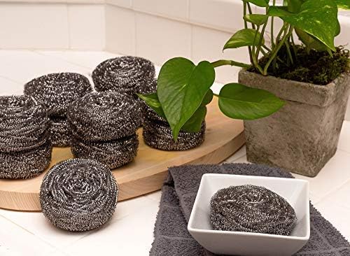 Stainless Steel Sponges Scourer Set with Handle 40 gram - Pack of 12 - Large Stainless Steel Scrubbers - Metal Scouring Pads - Kitchen Cleaning Tool - VINE GLOBAL
