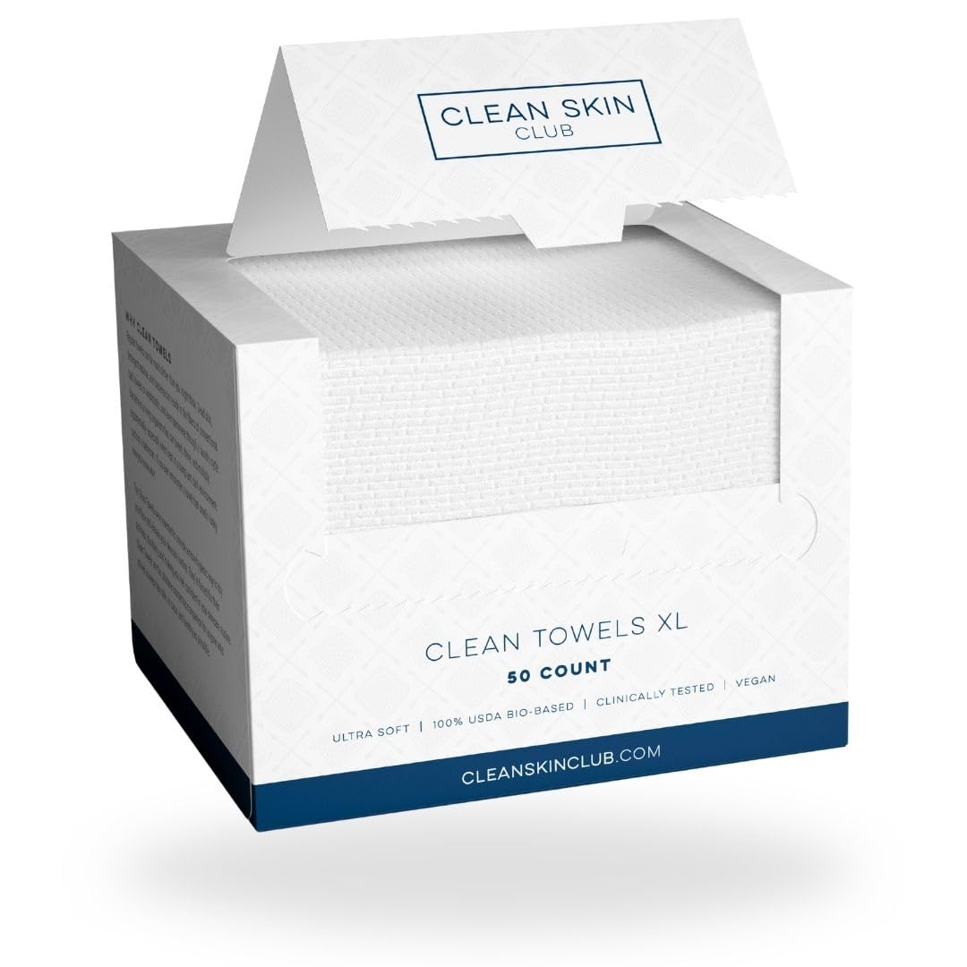 Clean Skin Club Clean Towels XL™, 100% USDA Biobased Face Towel, Disposable Face Towelette, Makeup Remover Dry Wipes, Ultra Soft, 50 Ct, 1 Pack - VINE GLOBAL