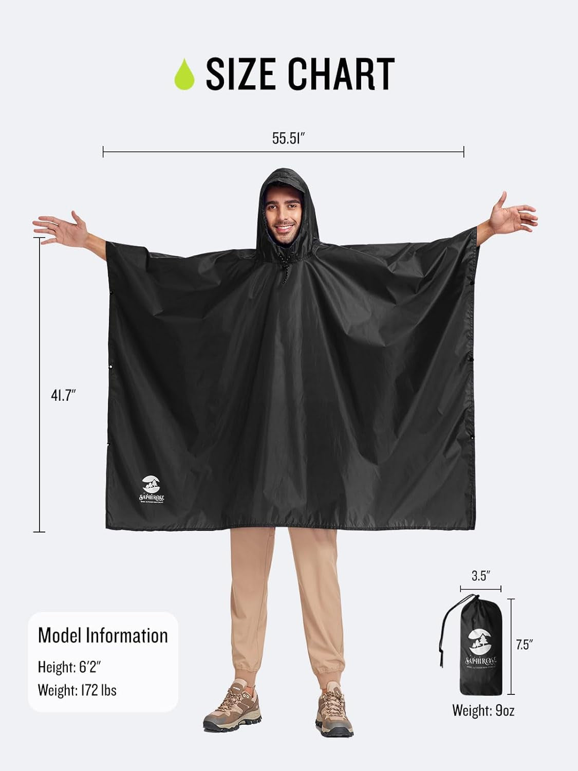 Hooded Rain Poncho Waterproof Raincoat Jacket for Men Women Adults