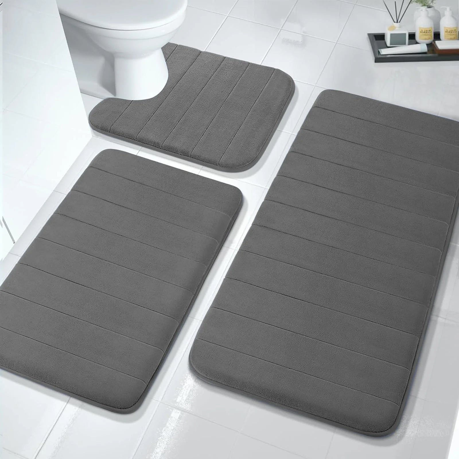 Memory Foam Bath Mat Set, Thicken, Absorbent, Non-Slip, Reboundable, 3 Pieces Bathroom Rugs Sets 44.1"X24"+ 31.5"X19.8"+ U 24.4"X20.2" Dark Gray