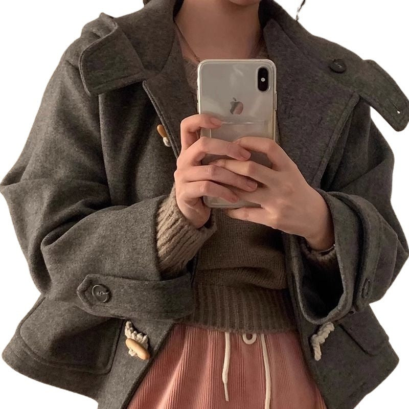 Horn Button Design Large Pocket Loose Versatile Hooded Woolen Short Coat - VINE GLOBAL