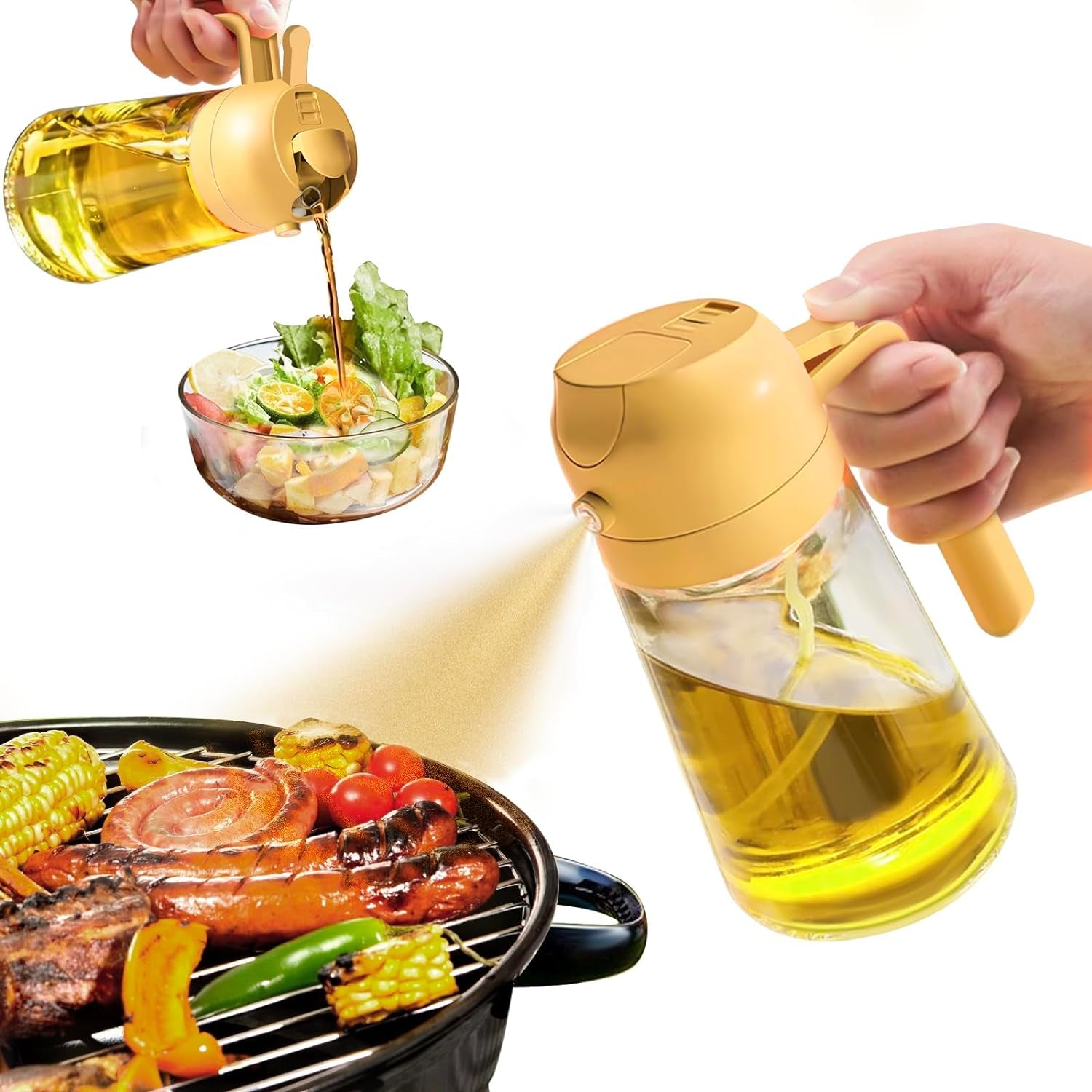Oil Sprayer for Cooking, 2 in 1 Olive Oil Dispenser Bottle for Kitchen, 16Oz/470Ml Premium Glass Oil Bottle, Food-Grade Oil Mister for Air Fryer, Salad, Frying, BBQ (Creamy White)