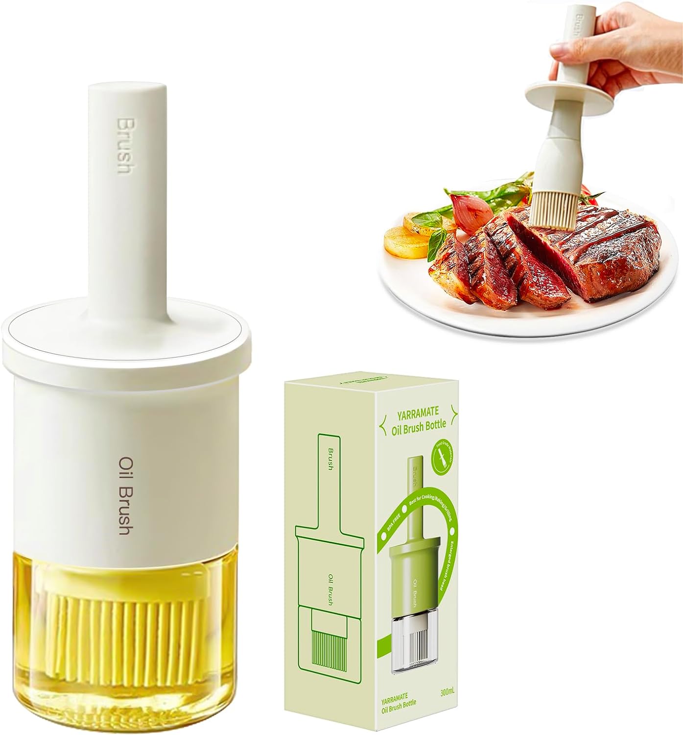 Oil Dispenser Bottle with Heat Resistant Brush, Glass Oil Dispenser for Kitchen, Oil Container with Silicone Basting & Pastry Brush for Cooking BBQ Vinegar Sauce Grill Frying(Creamy White) - VINE GLOBAL