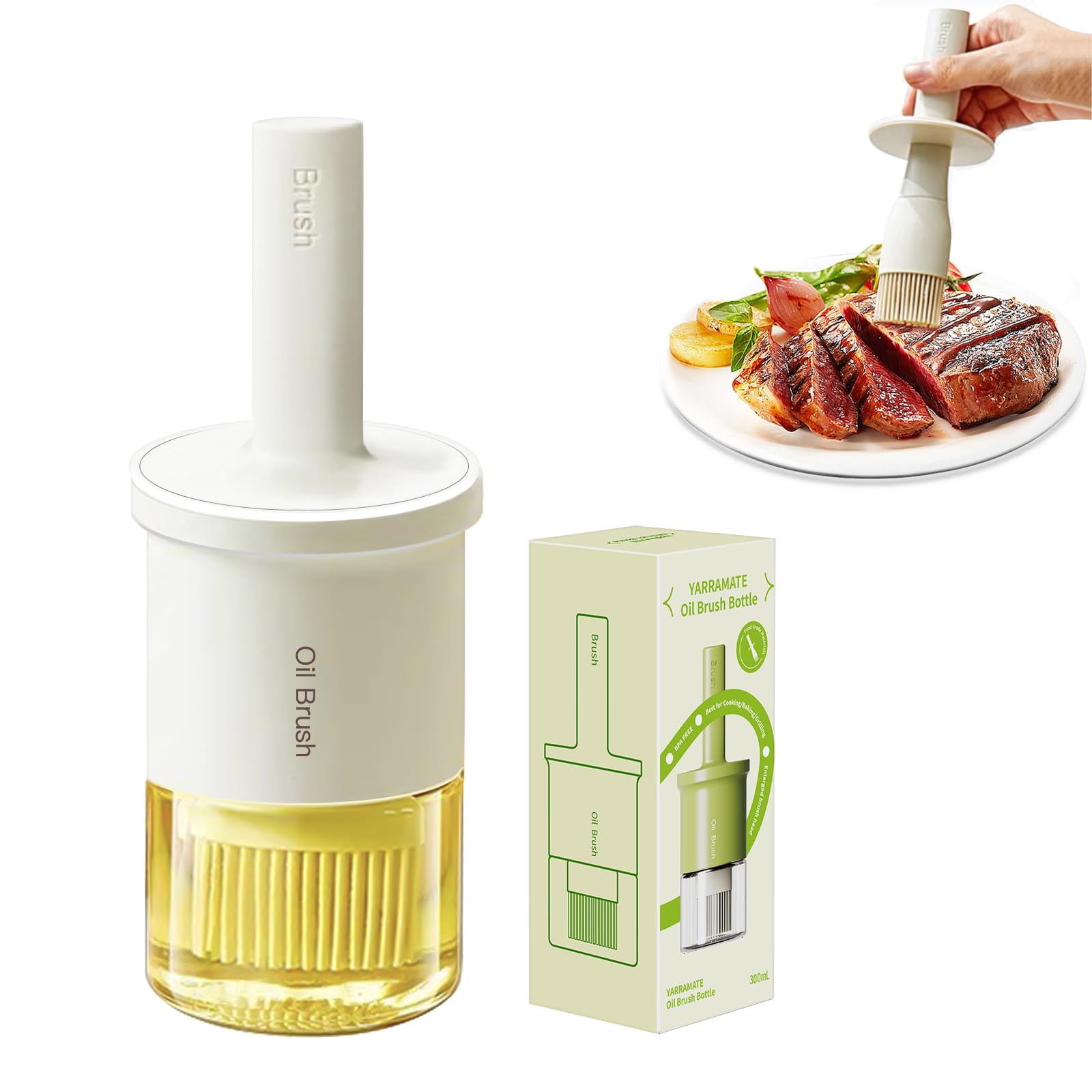 Oil Dispenser Bottle with Heat Resistant Brush, Glass Oil Dispenser for Kitchen, Oil Container with Silicone Basting & Pastry Brush for Cooking BBQ Vinegar Sauce Grill Frying(Creamy White) - VINE GLOBAL