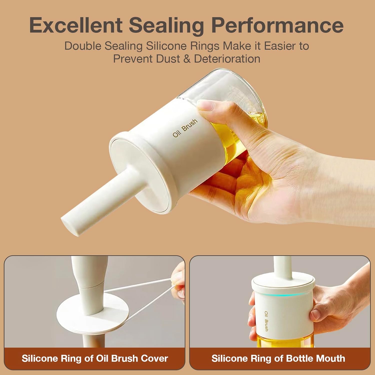 Oil Dispenser Bottle with Heat Resistant Brush, Glass Oil Dispenser for Kitchen, Oil Container with Silicone Basting & Pastry Brush for Cooking BBQ Vinegar Sauce Grill Frying(Creamy White) - VINE GLOBAL