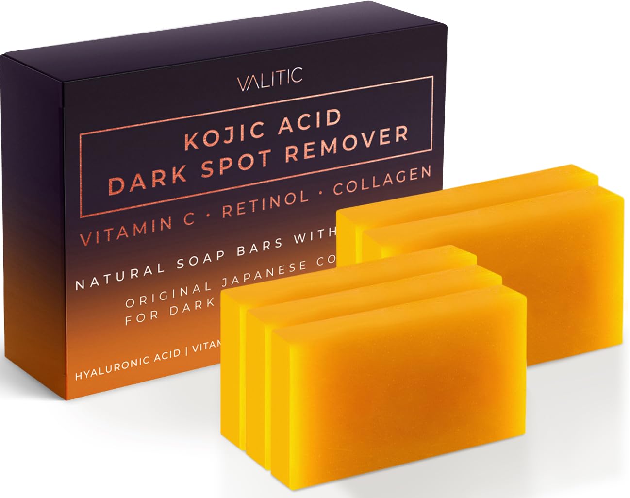 VALITIC Kojic Acid Dark Spot Remover Soap Bars with Vitamin C, Retinol, Collagen, Turmeric - Original Japanese Complex Infused with Hyaluronic Acid, Vitamin E, Shea Butter, Castile Olive Oil (2 Pack) - VINE GLOBAL