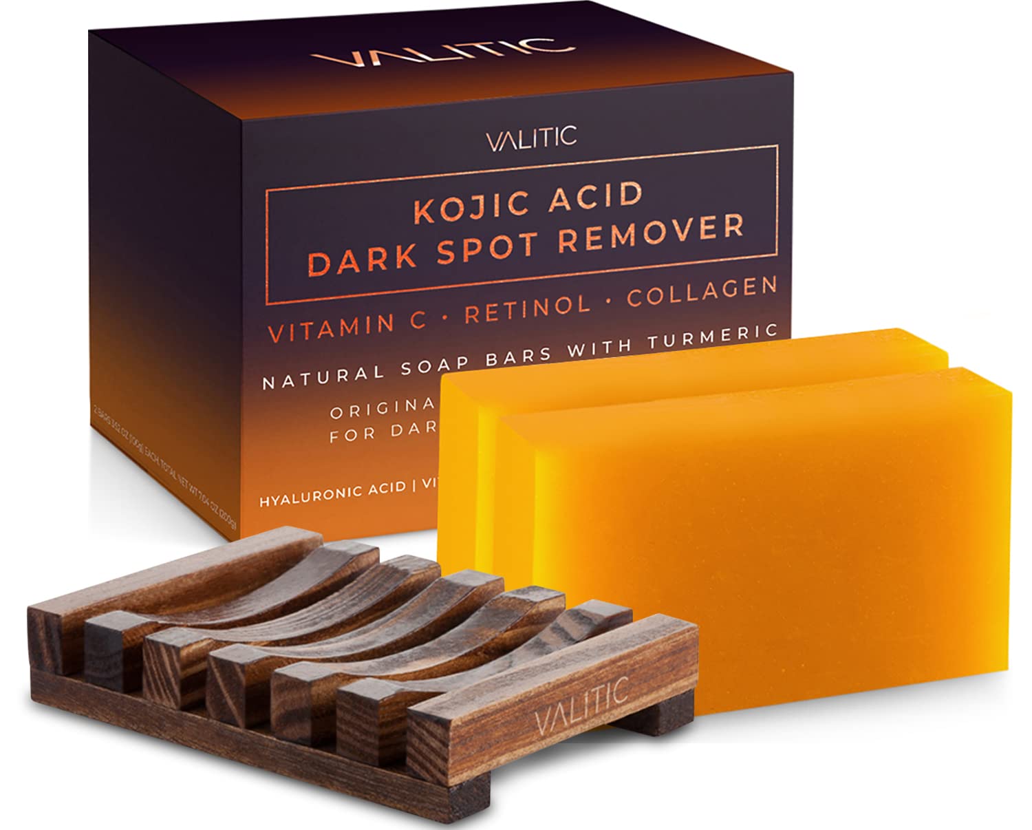 VALITIC Kojic Acid Dark Spot Remover Soap Bars with Vitamin C, Retinol, Collagen, Turmeric - Original Japanese Complex Infused with Hyaluronic Acid, Vitamin E, Shea Butter, Castile Olive Oil (2 Pack) - VINE GLOBAL