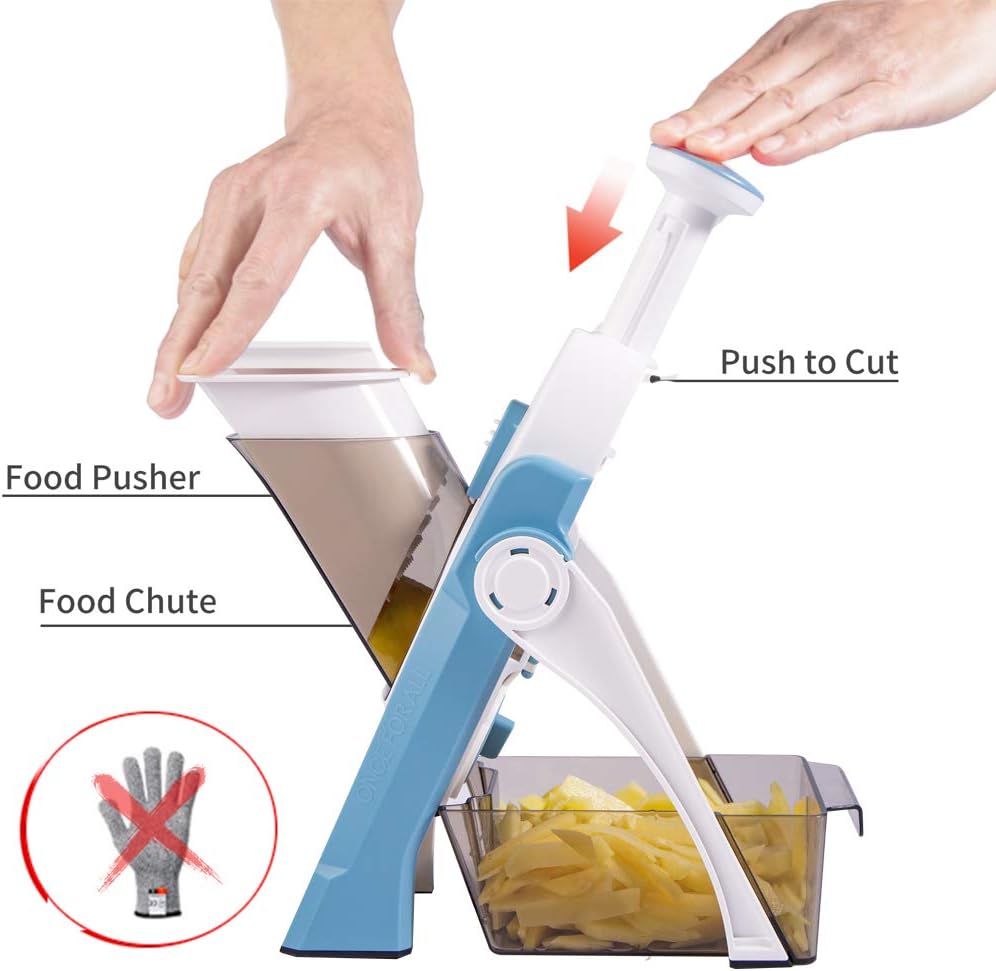 ONCE FOR ALL Safe Mandoline Slicer 5 in 1 Vegetable Chopper Food Potato Cutter, Strips Julienne Dicer Adjustable Thickness 0.1-8 mm Kitchen Chopping Artifact Fast Meal Prep (Gray) - VINE GLOBAL