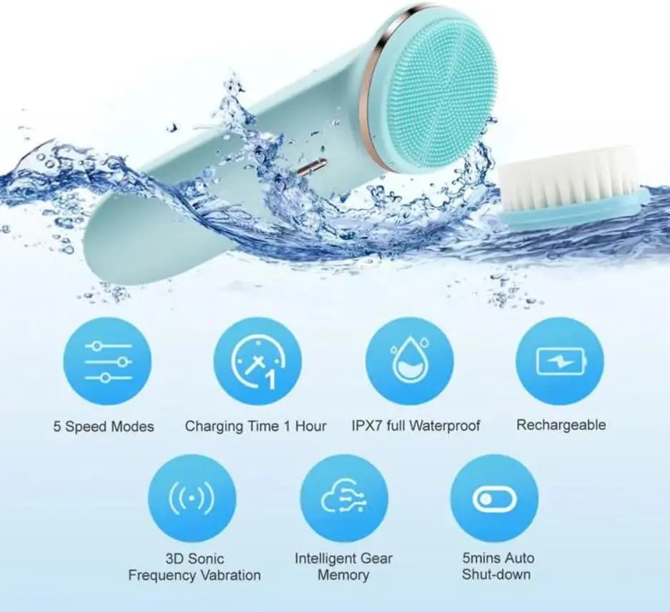 Rechargeable Sonic Facial Brush, 2 Brush Heads, 5 Speed Modes VINE GLOBAL