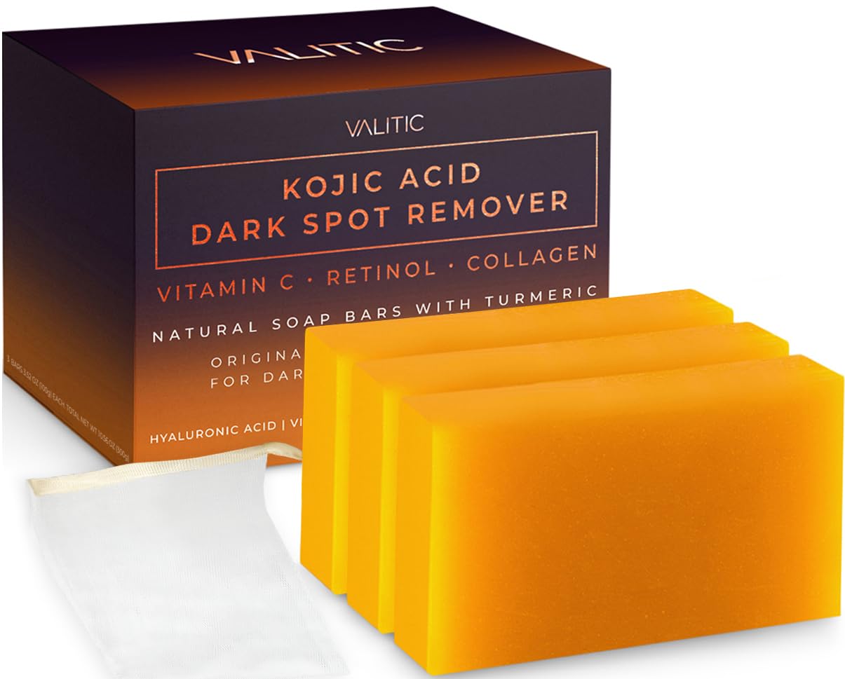 VALITIC Kojic Acid Dark Spot Remover Soap Bars with Vitamin C, Retinol, Collagen, Turmeric - Original Japanese Complex Infused with Hyaluronic Acid, Vitamin E, Shea Butter, Castile Olive Oil (2 Pack) - VINE GLOBAL