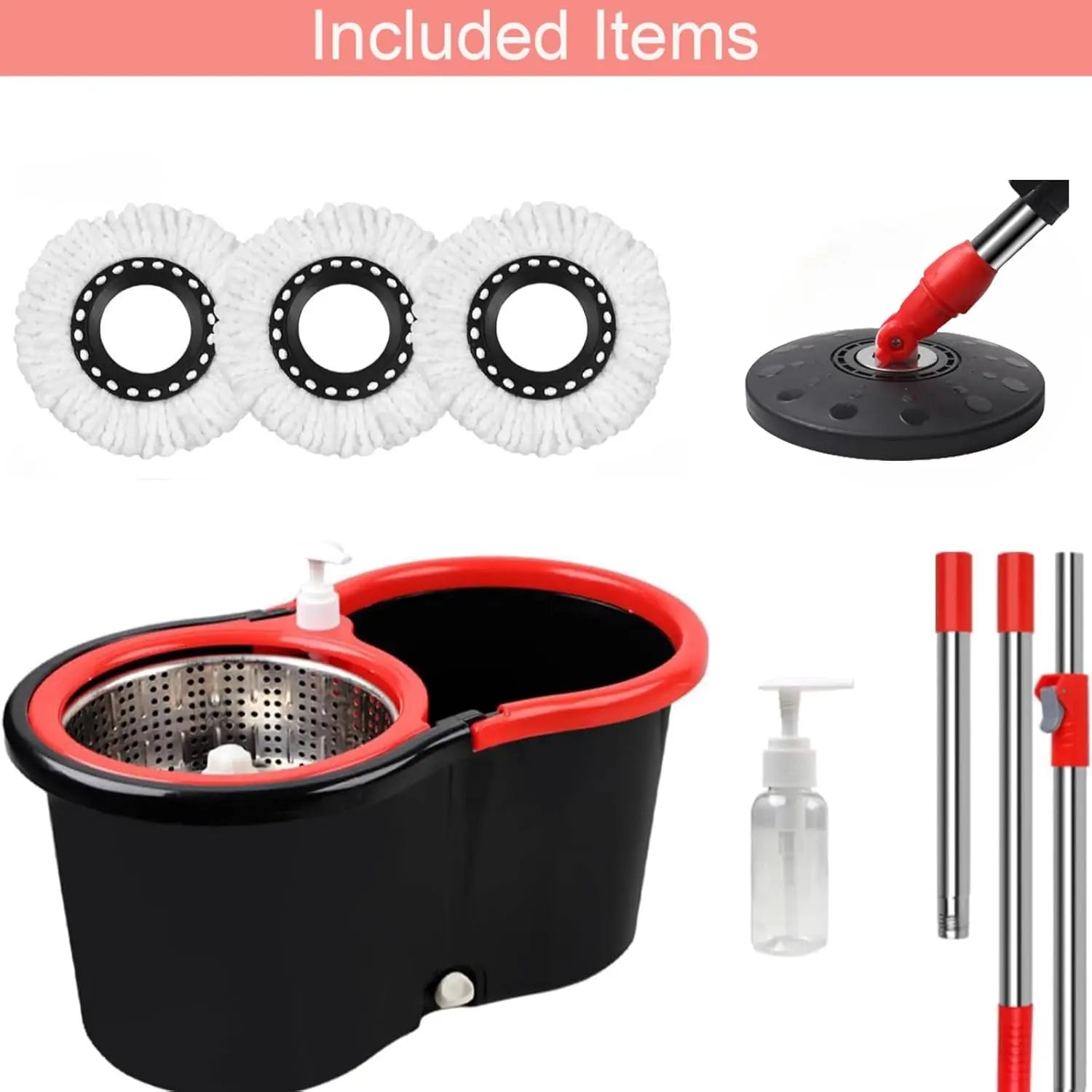 Spin Mop and Bucket with Wringer Set, 360° Spinning Mop Bucket System with 3 Microfiber Mop Replacement Heads, 61" Stainless Steel Extended Handle for Floor Cleaning Home Office VINE GLOBAL