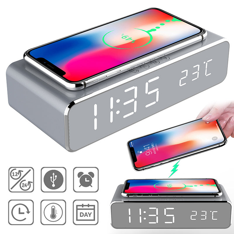 LED Electric Alarm Clock With Wireless Charger Desktop Digital Despertador Thermometer Clock HD Mirror Clock Watch Table Decor - VINE GLOBAL