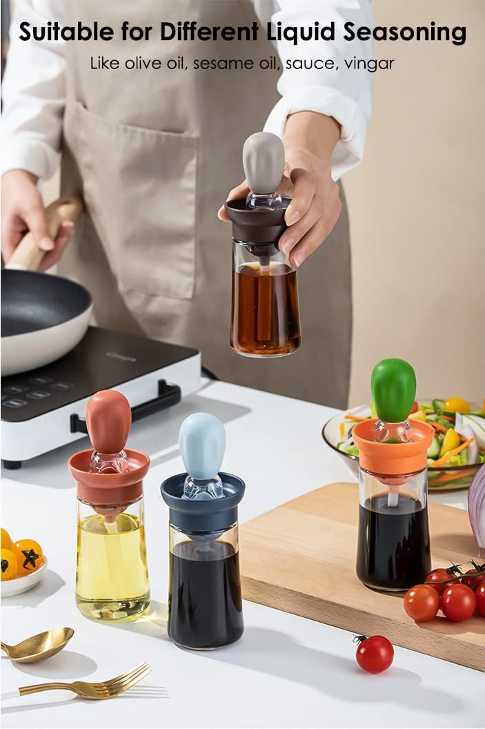 Oil Dispenser with Brush - Glass Olive Oil Dispenser for Kitchen, 2 IN 1 Oil Dispenser Bottle with Silicone Basting Brush for Cooking Vinegar Sauce BBQ Grill Frying, T-OB21, Blue - VINE GLOBAL