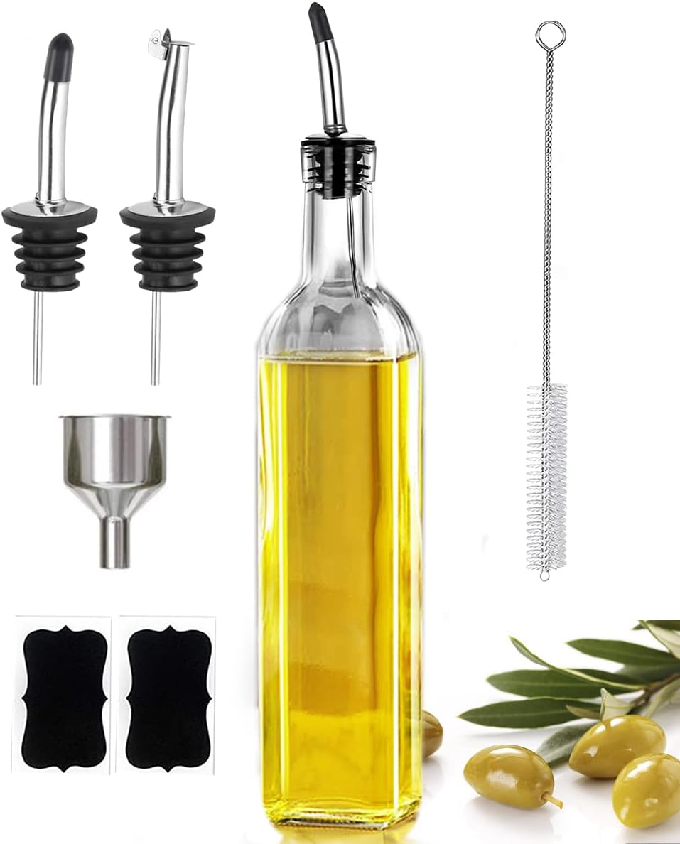 17oz Olive Oil Dispenser Bottle, 500ml Oil & Vinegar Cruet with 2 Stainless Steel Pourers, 2 Labels,1 Brush and 1 Funnel for Kitchen - VINE GLOBAL