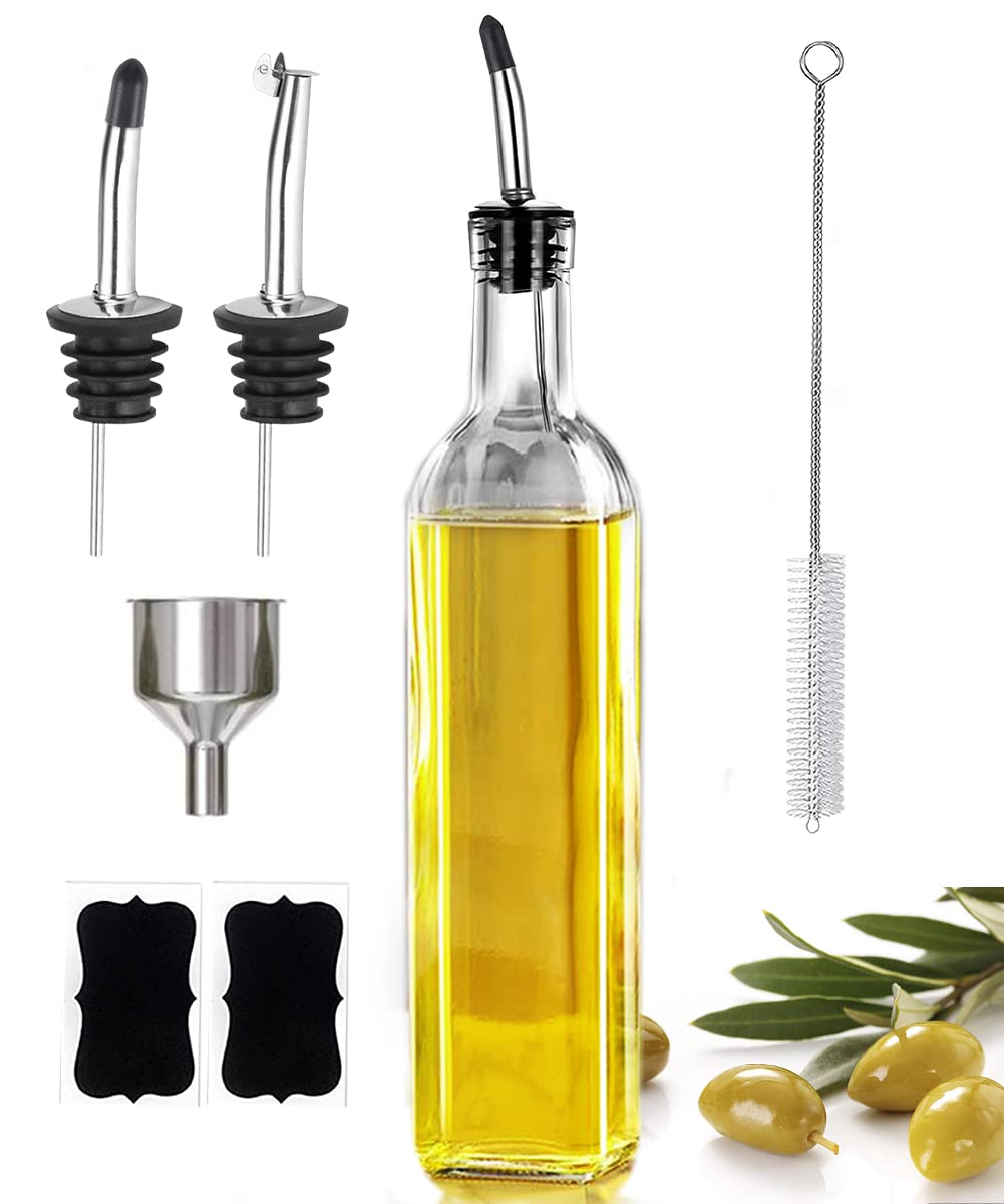 17oz Olive Oil Dispenser Bottle, 500ml Oil & Vinegar Cruet with 2 Stainless Steel Pourers, 2 Labels,1 Brush and 1 Funnel for Kitchen - VINE GLOBAL