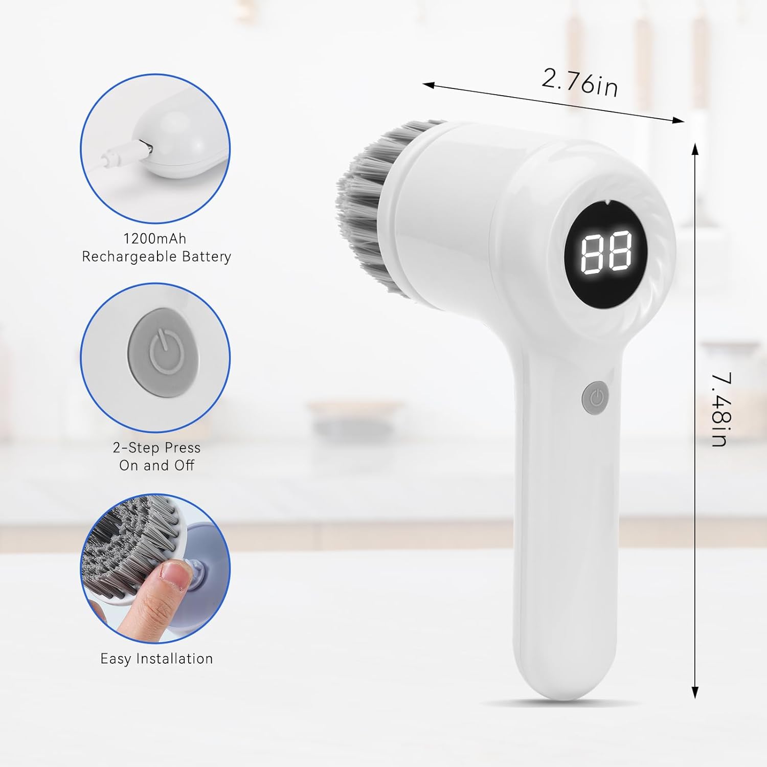 Electric Spin Scrubber, Power Scrubber Cordless Electric Shower Scrubber for Cleaning with LED Display, for Bathroom, Tub, Kitchen Stove, Tile Grout with 6 Brush Heads - VINE GLOBAL
