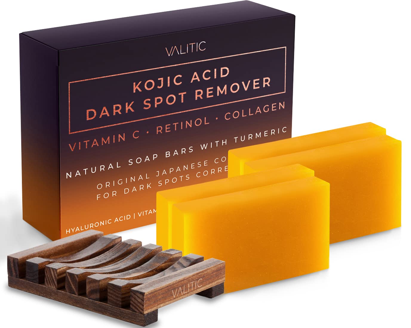 VALITIC Kojic Acid Dark Spot Remover Soap Bars with Vitamin C, Retinol, Collagen, Turmeric - Original Japanese Complex Infused with Hyaluronic Acid, Vitamin E, Shea Butter, Castile Olive Oil (2 Pack) - VINE GLOBAL