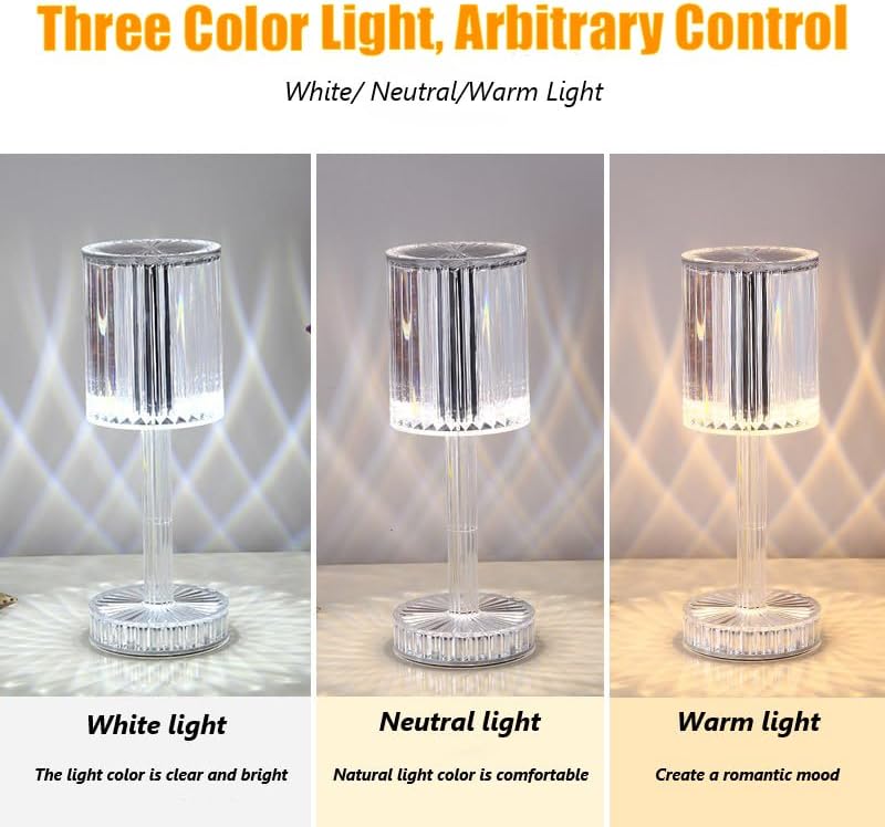 Portable Crystal Lamp,3 Color Touch Control | 3-Levels Brightness | Decor - VINE GLOBAL