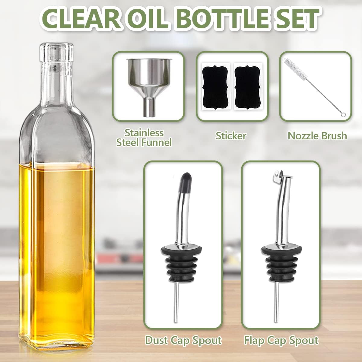 17oz Olive Oil Dispenser Bottle, 500ml Oil & Vinegar Cruet with 2 Stainless Steel Pourers, 2 Labels,1 Brush and 1 Funnel for Kitchen - VINE GLOBAL