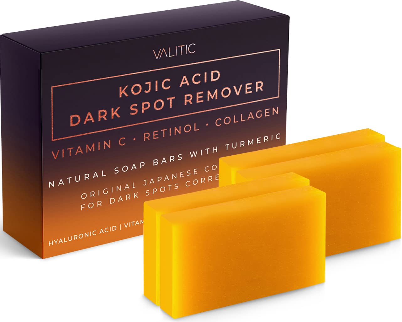 VALITIC Kojic Acid Dark Spot Remover Soap Bars with Vitamin C, Retinol, Collagen, Turmeric - Original Japanese Complex Infused with Hyaluronic Acid, Vitamin E, Shea Butter, Castile Olive Oil (2 Pack) - VINE GLOBAL