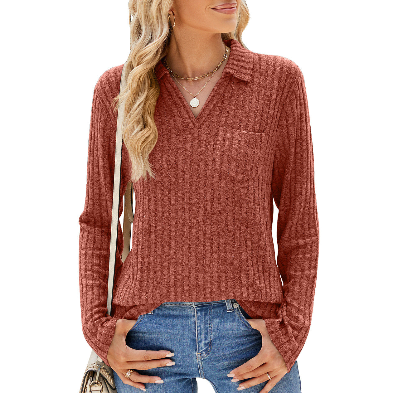 Solid Color Polo Collar Pocket Long Sleeve Loose-fitting T-shirt Top Women - VINE GLOBAL