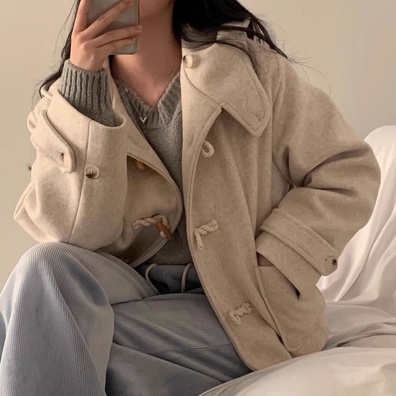 Horn Button Design Large Pocket Loose Versatile Hooded Woolen Short Coat - VINE GLOBAL