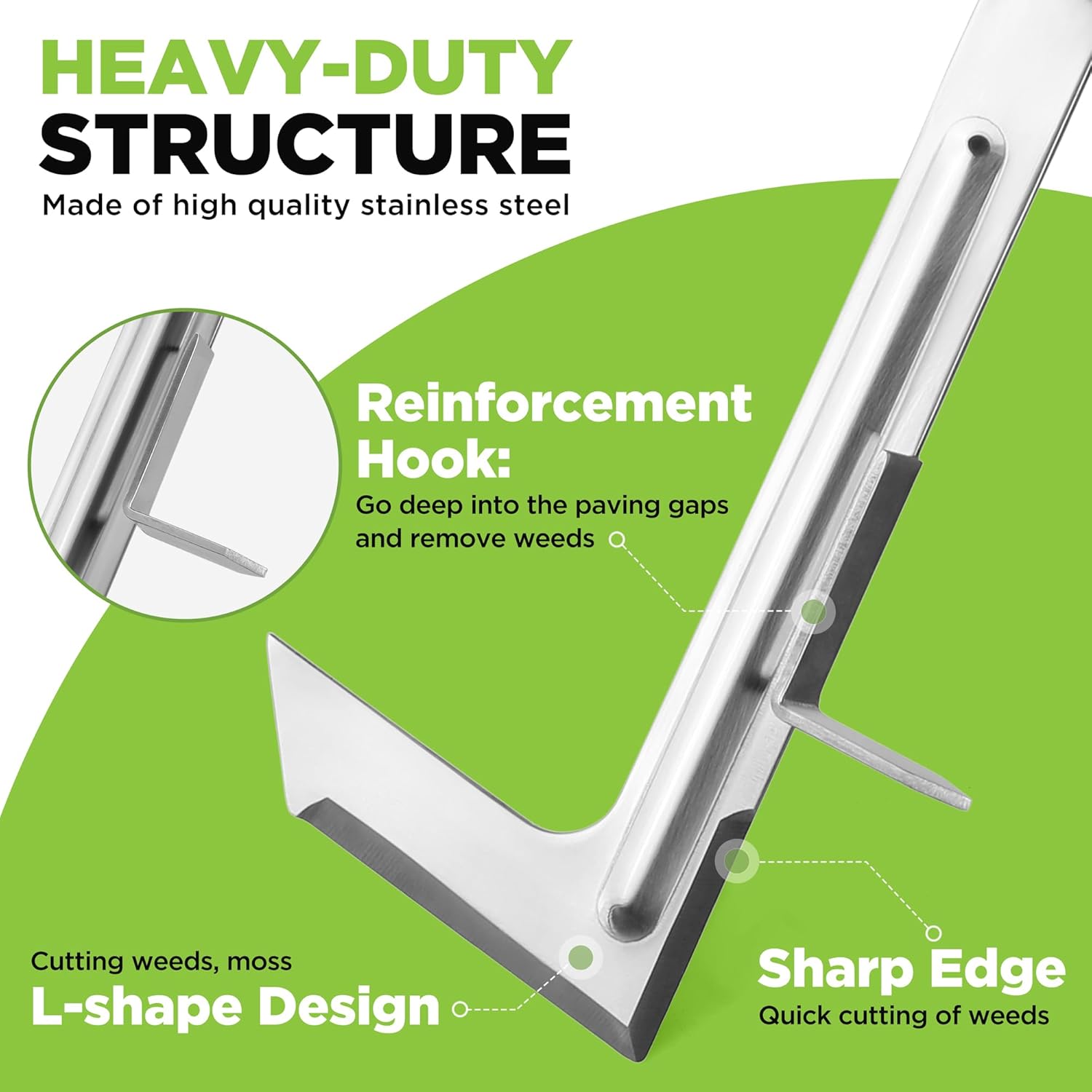 Crack Weeder, 12" Stainless Steel Crevice Weeding Tool with Beech Wood Handle, L-Shaped Side-Walk Weed Puller Spatula, for Garden Lawn Yard Patio Terrace Paving Moss, Small Gardening Tool - VINE GLOBAL