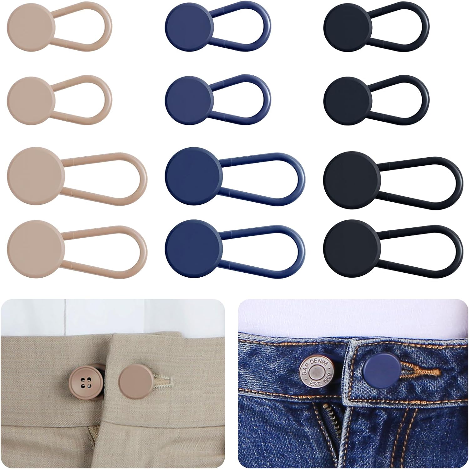 Ceryvop 12PCS Button Extenders for Jeans, Pants Waist Button Extender for Women Men, 3 Colors Pant Waistband Expander, Pants Waist Extension 1-1.4 Inches - VINE GLOBAL