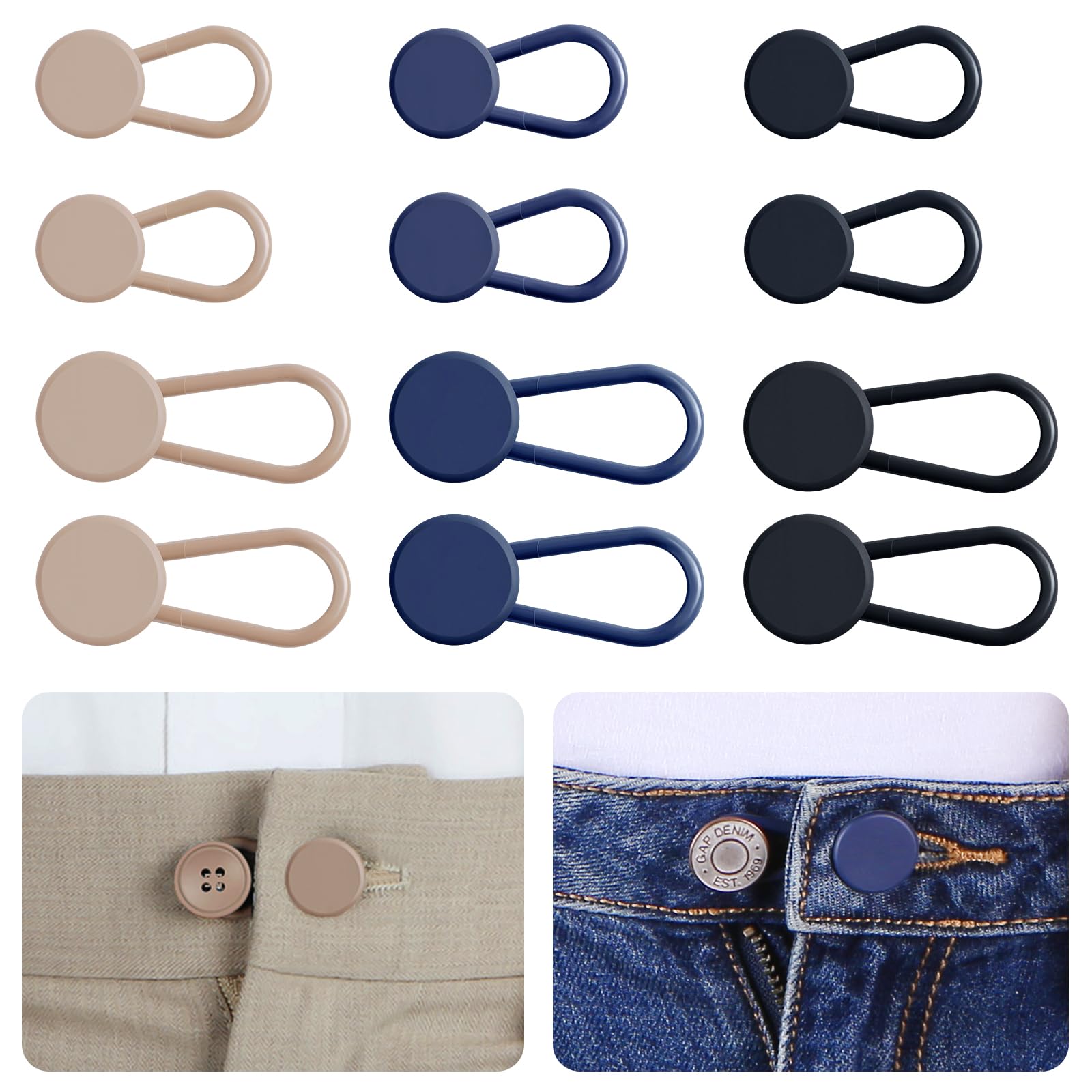 Ceryvop 12PCS Button Extenders for Jeans, Pants Waist Button Extender for Women Men, 3 Colors Pant Waistband Expander, Pants Waist Extension 1-1.4 Inches - VINE GLOBAL