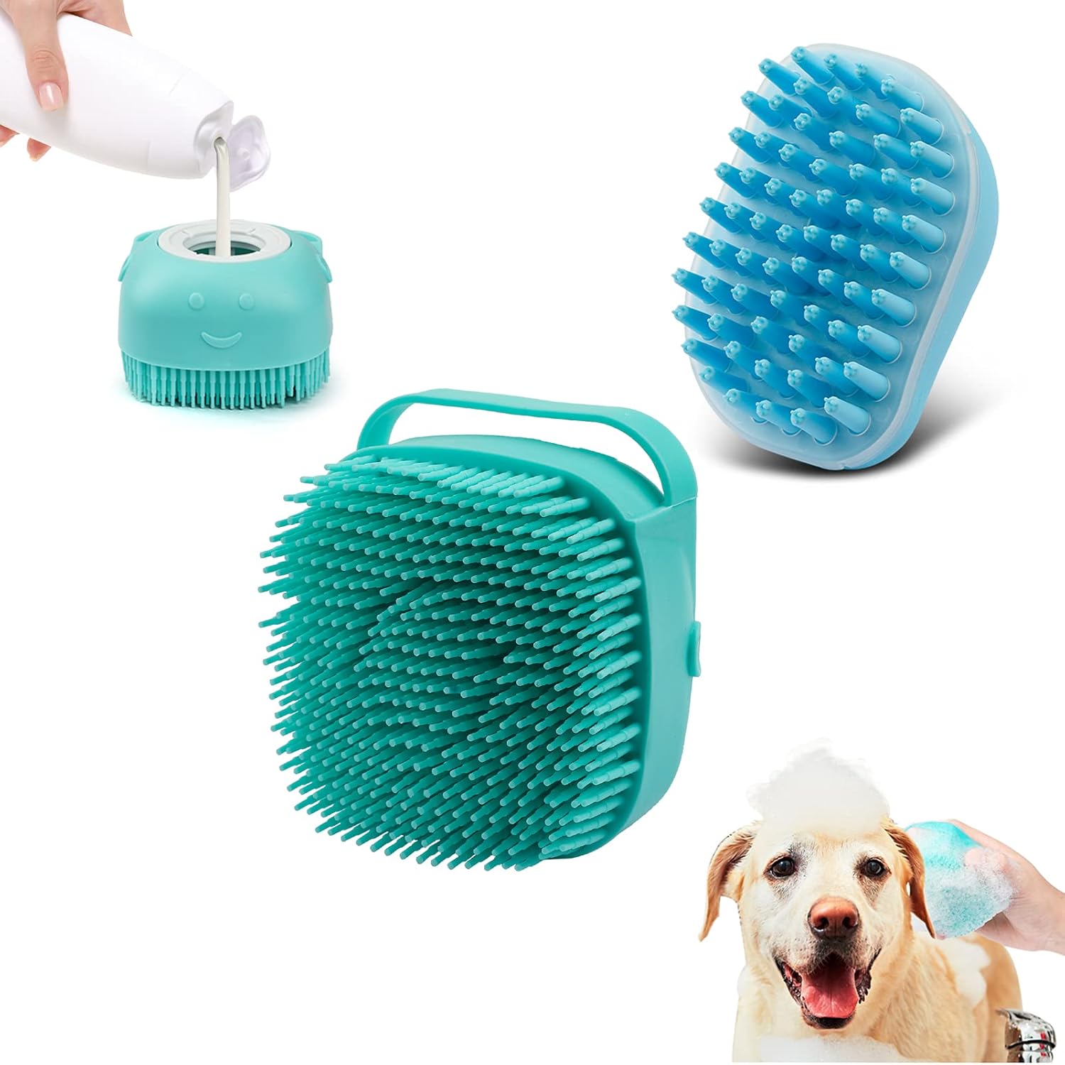 2Pack Dog Bath Brush, Soft Silicone Pet Shampoo Massage Dispenser Grooming Shower Brush for Short Long Haired Dogs and Cats Washing, ISWAYSTORE VINE GLOBAL