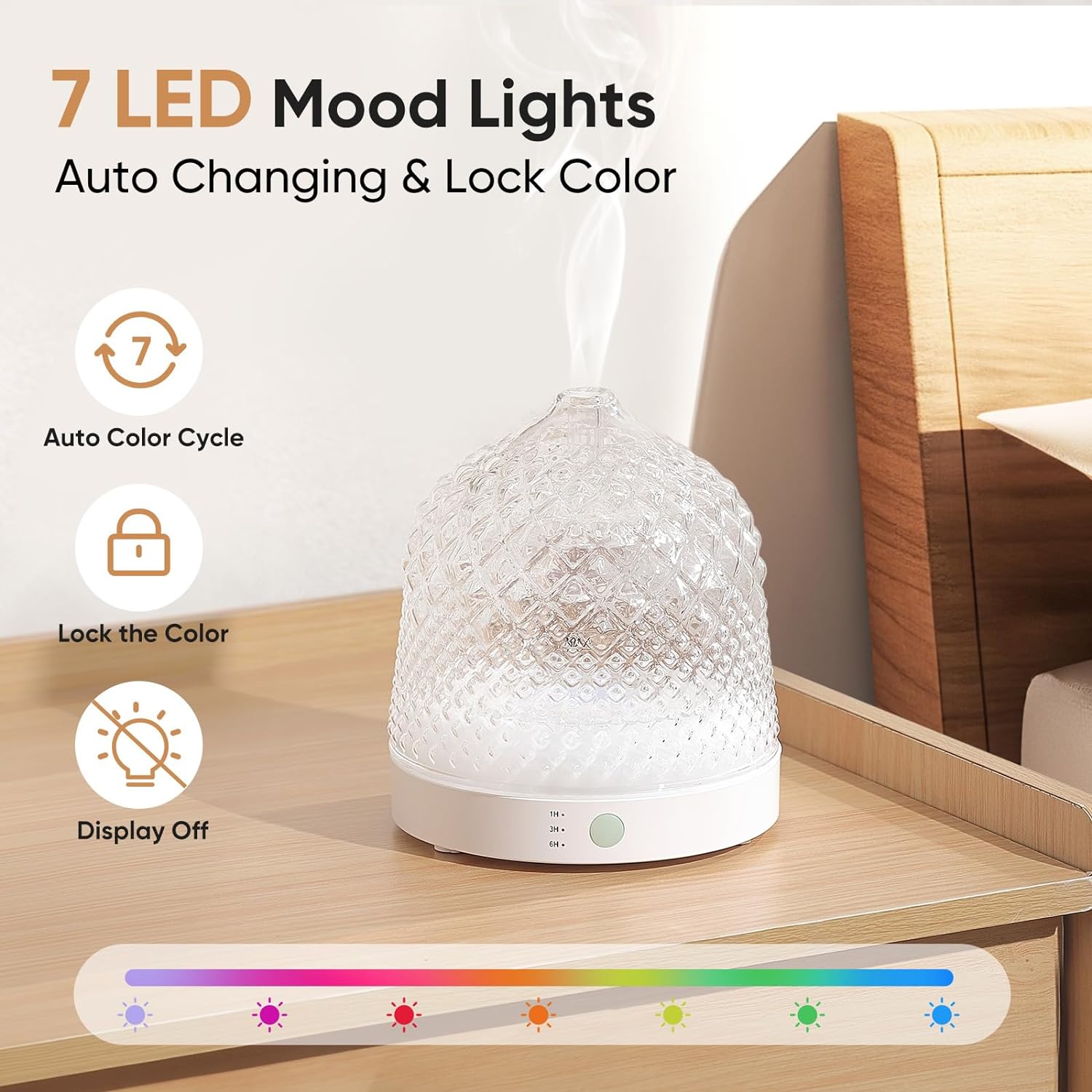 Glass Essential Oil Diffuser, 200ml Ultrasonic Aroma Diffusers with Glass Reservoir Dome & White Plastic Base Lock Color Auto-Off Timer 7 Color Light for Home Office Bedroom Yoga - VINE GLOBAL