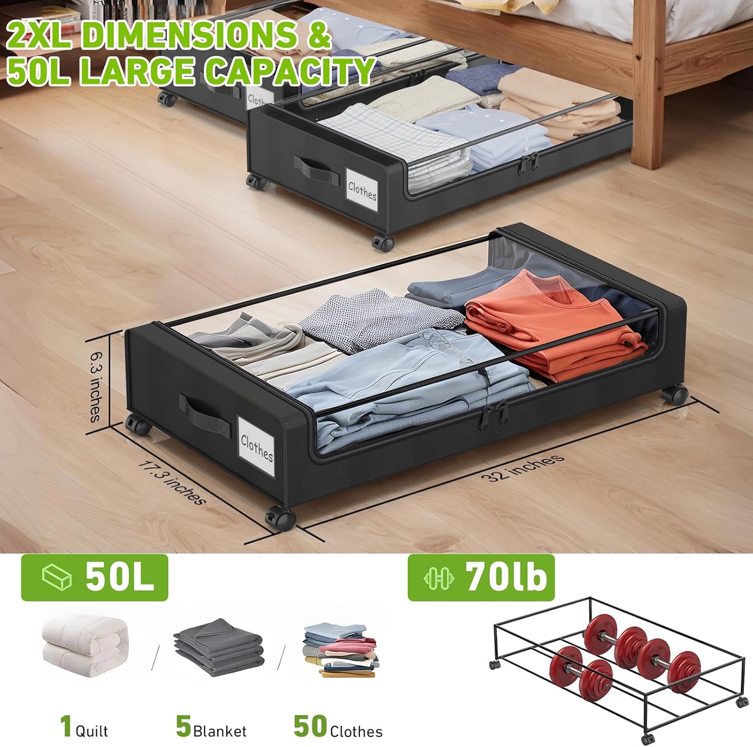 Under Bed Storage with Wheels, 2-Pack Under Bed Storage Containers with Clear Lids - VINE GLOBAL