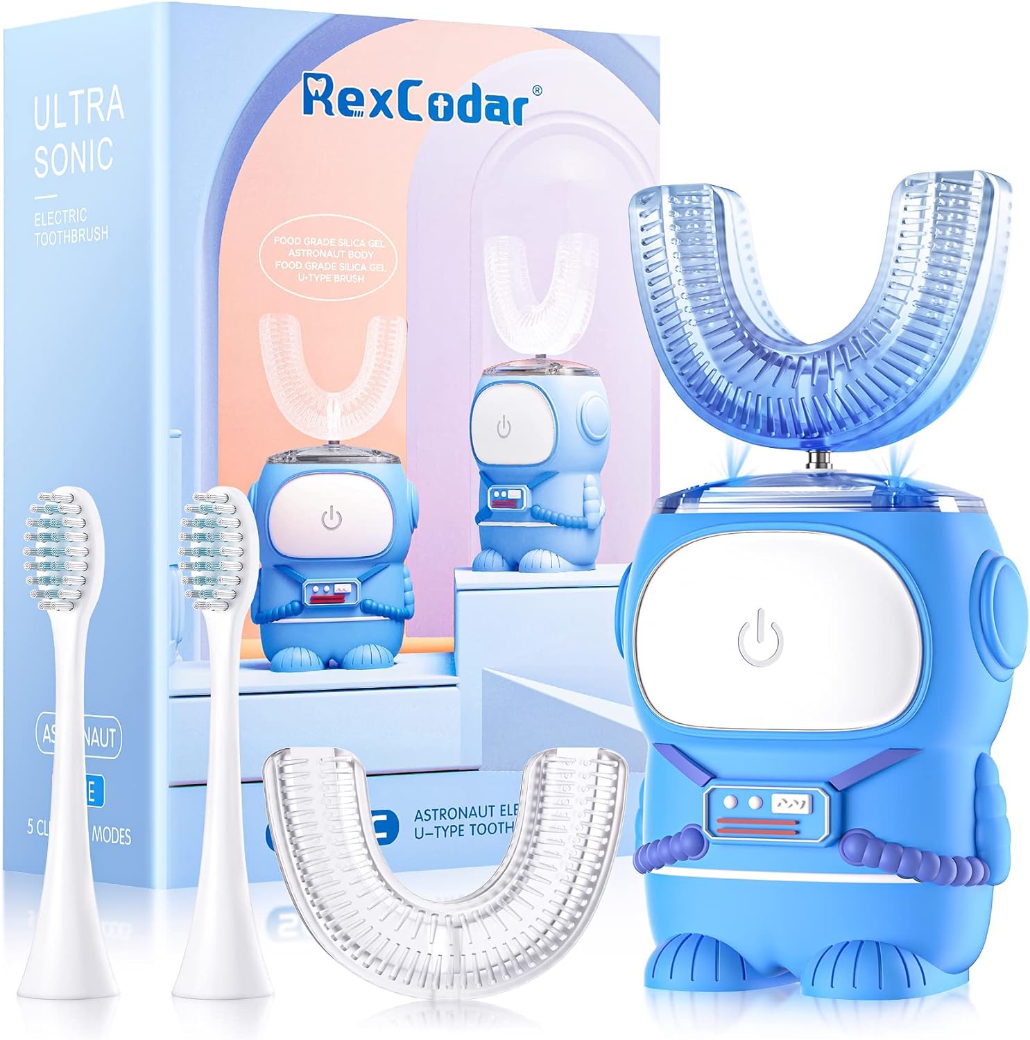 Ultrasonic Kid's U-Shaped Electric Toothbrush, IPX7 Waterproof, Five Cleaning Modes, 60S Smart Reminder (Blue Ages 6-12) - VINE GLOBAL