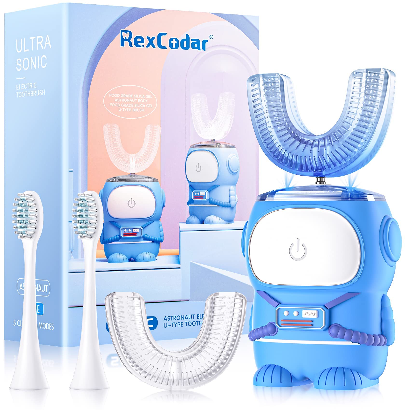 Ultrasonic Kid's U-Shaped Electric Toothbrush, IPX7 Waterproof, Five Cleaning Modes, 60S Smart Reminder (Blue Ages 6-12) - VINE GLOBAL